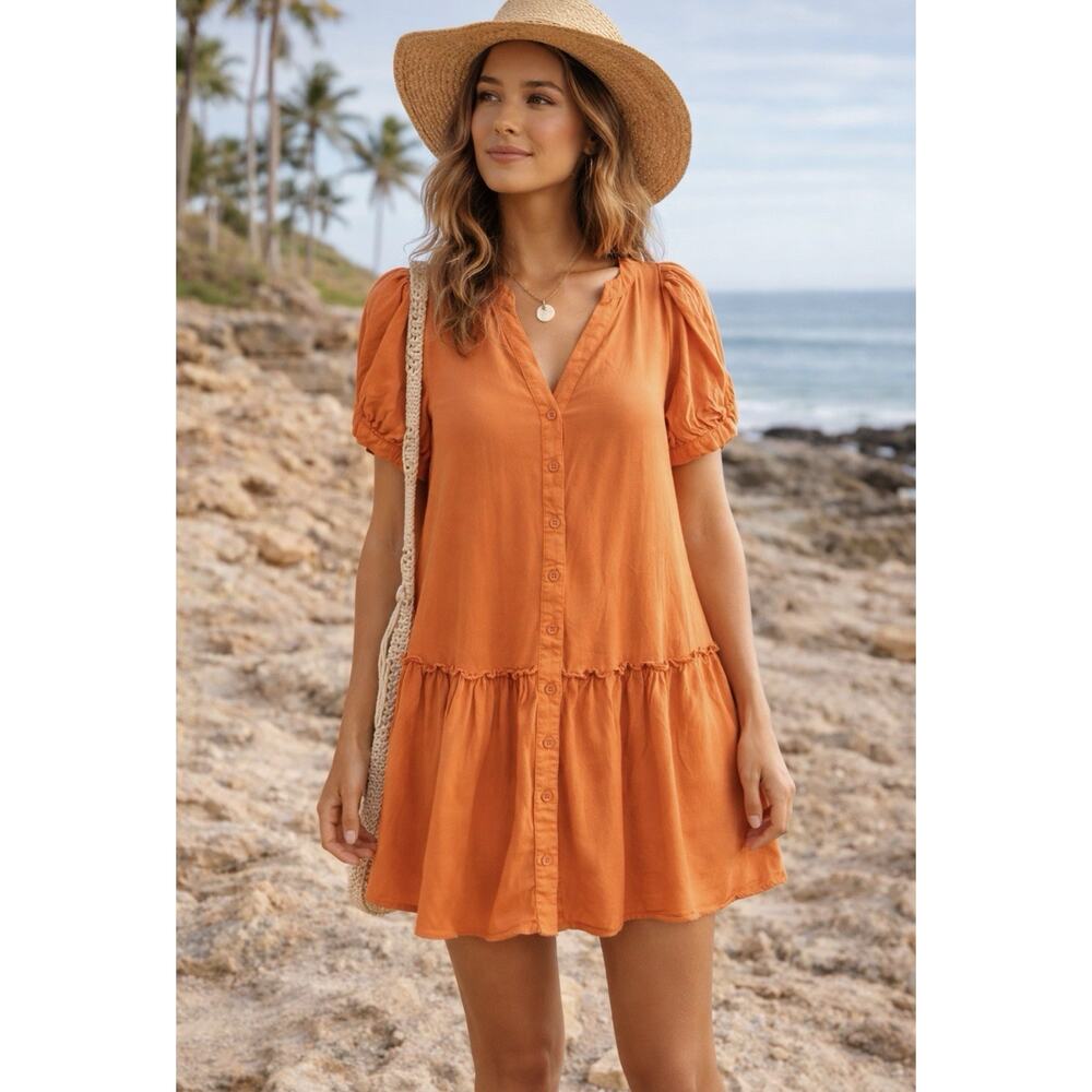 Kori America Orange Babydoll Dress S Boho Puff Sleeve Button Front Tunic Mini